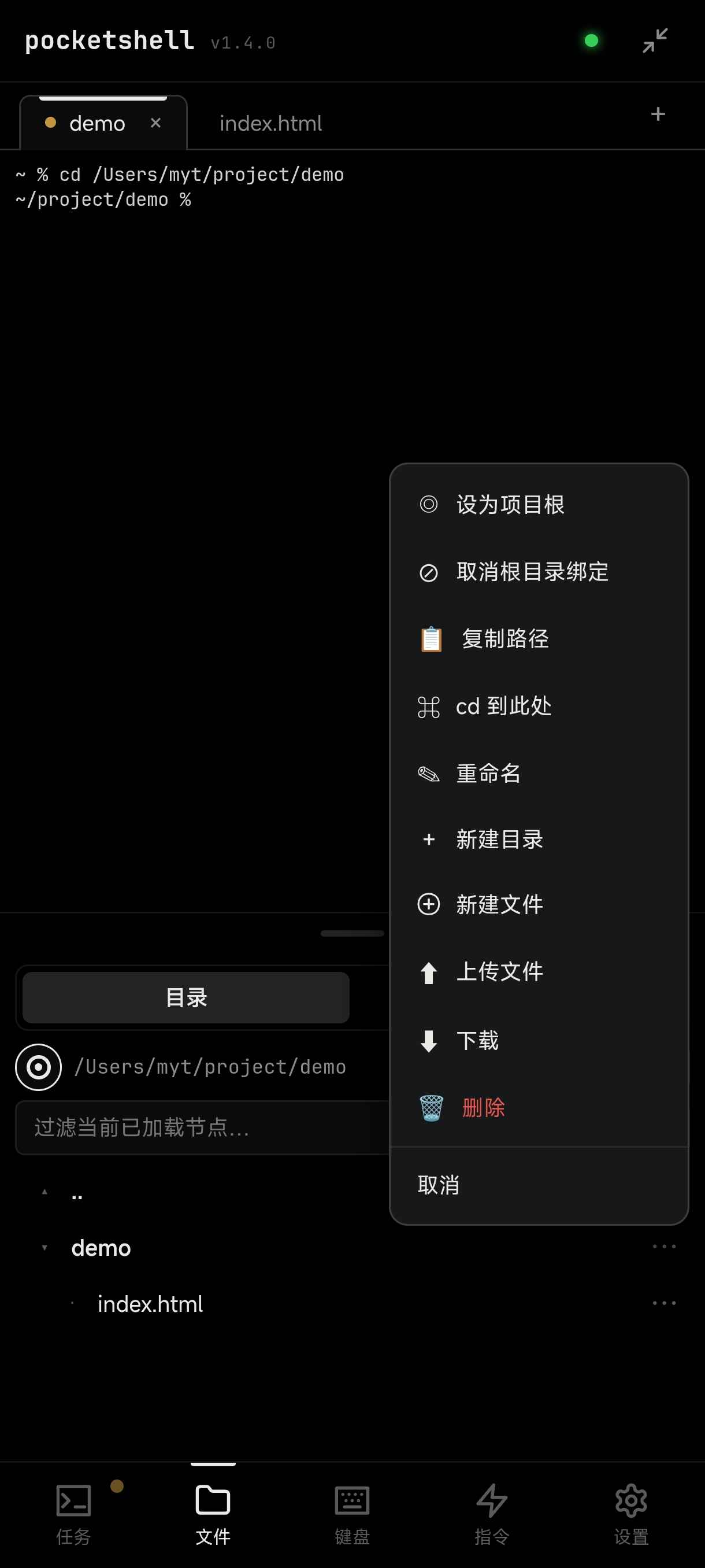 文件操作菜单：重命名、上传下载、设为项目根